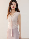 Sleeveless Ribbon Ruffle Cropped V-Neck Top for Women, Elegant Inner Layering Vest Top