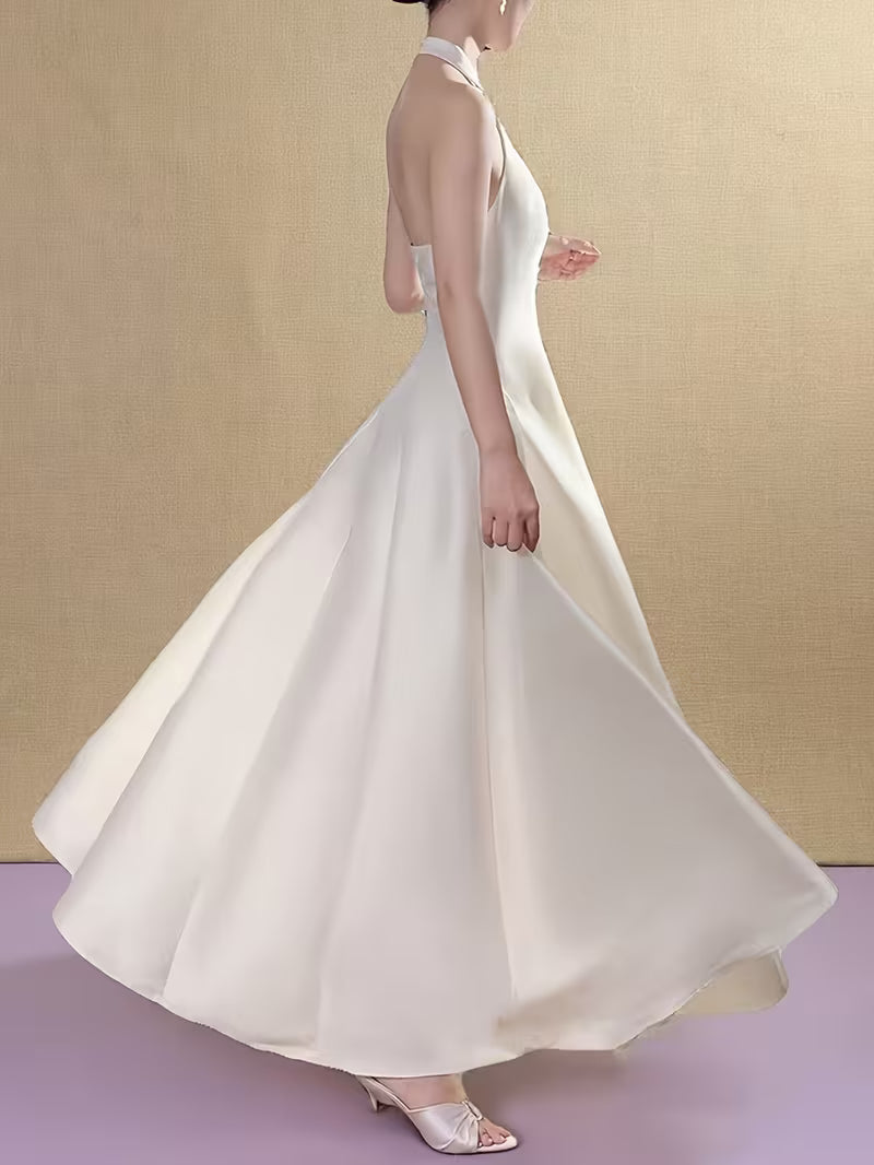 Elegant and Formal Engagement Dress, Women's Halter V-neck Sleeveless Cinched-waist Long Dress