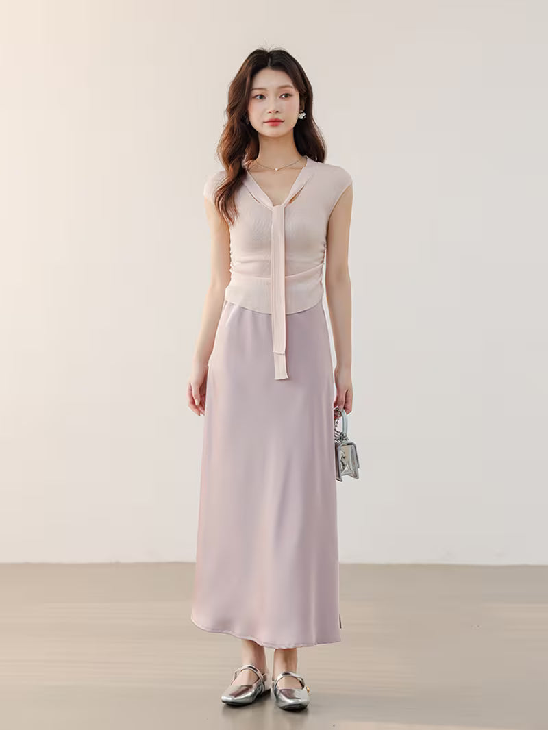 Sleeveless Ribbon Ruffle Cropped V-Neck Top for Women, Elegant Inner Layering Vest Top