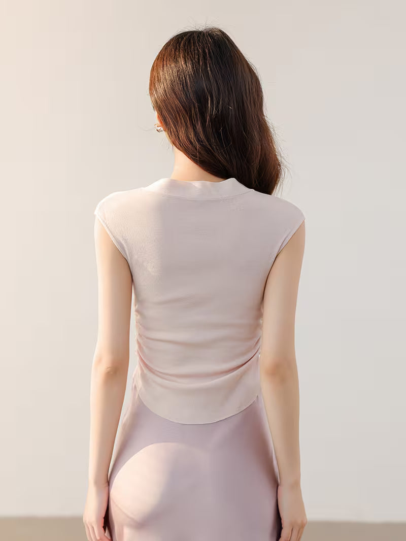 Sleeveless Ribbon Ruffle Cropped V-Neck Top for Women, Elegant Inner Layering Vest Top