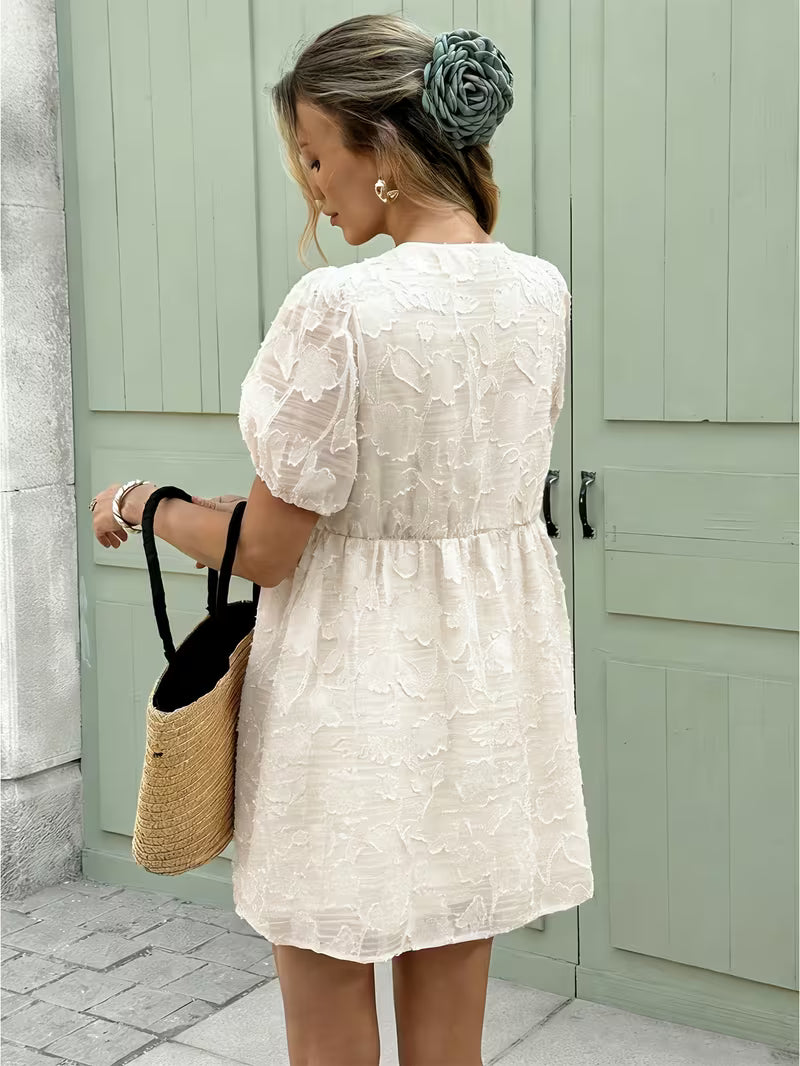 Double Bow Jacquard Puff Sleeve Dress with Waist Cinching Effect, A-Line Short Skirt, Sweet and Elegant Babydoll Dress