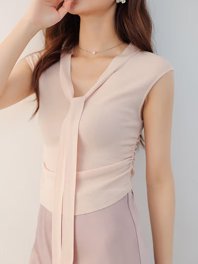 Sleeveless Ribbon Ruffle Cropped V-Neck Top for Women, Elegant Inner Layering Vest Top
