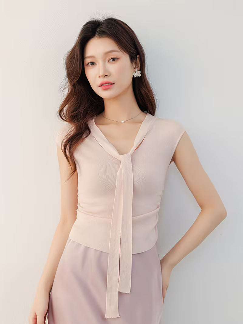Sleeveless Ribbon Ruffle Cropped V-Neck Top for Women, Elegant Inner Layering Vest Top