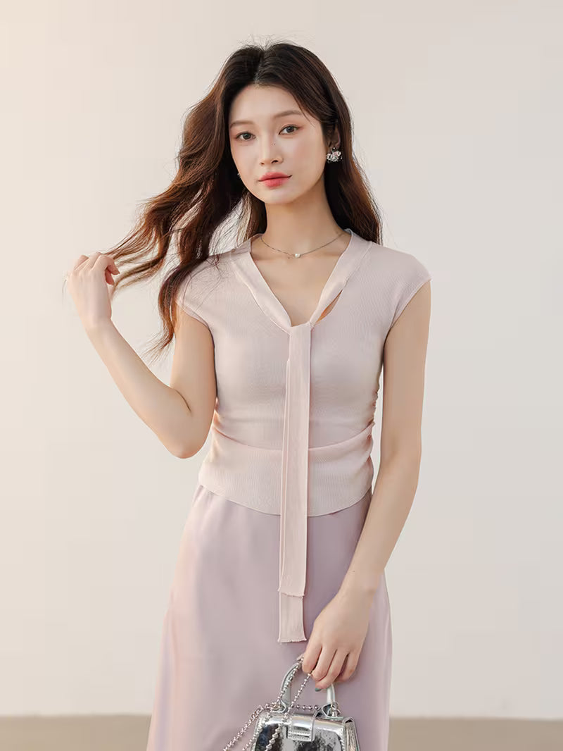 Sleeveless Ribbon Ruffle Cropped V-Neck Top for Women, Elegant Inner Layering Vest Top