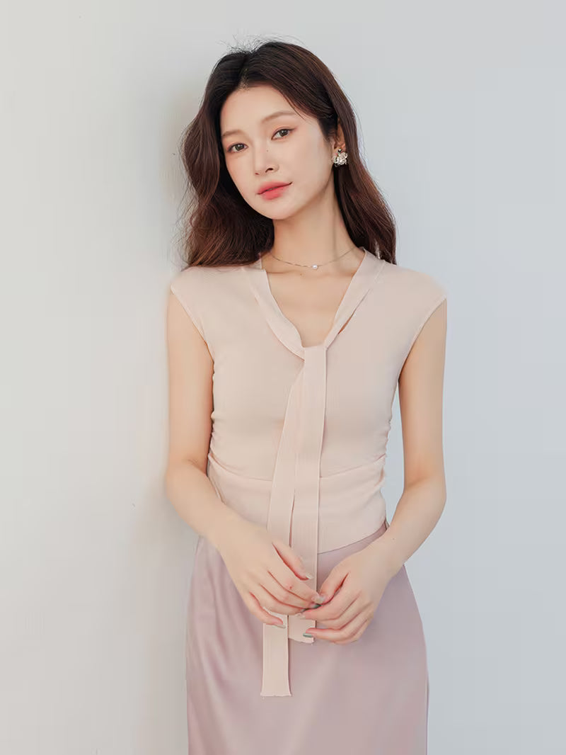 Sleeveless Ribbon Ruffle Cropped V-Neck Top for Women, Elegant Inner Layering Vest Top