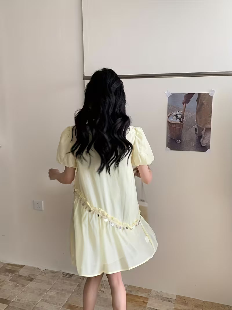 Women's Elegant Summer Dress with Handmade Sequin Detailing - A-Line Flared Midi Dress, Puff Sleeves & Round Neck, Loose Fit Casual Chic