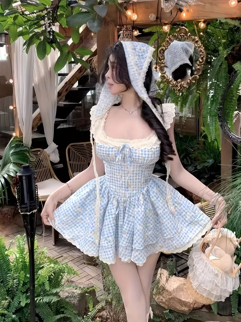 Adorable And Sweet Short Dress with Flutter Sleeves for Women, Featuring Lace Panels, a Square Neckline, And a Fitted Waist That Accentuates Curves
