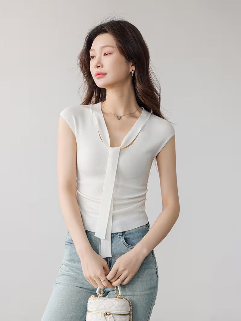 Sleeveless Ribbon Ruffle Cropped V-Neck Top for Women, Elegant Inner Layering Vest Top