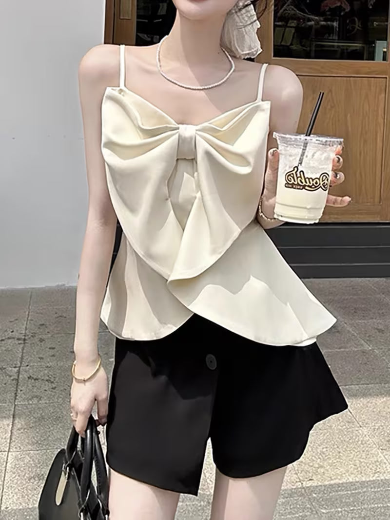 Summer French-Style Large Bow Strappy Camisole for Women, Relaxed Fit Figure-Flattering Niche Design Hot Top