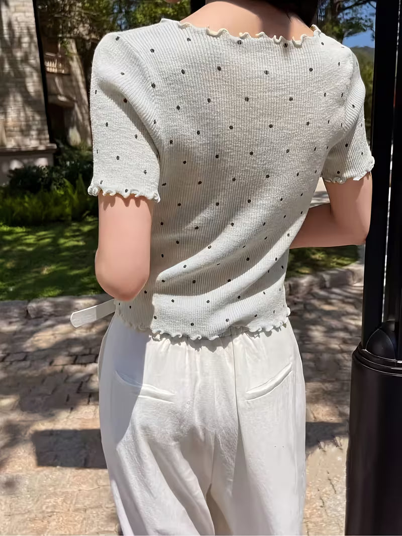 omen'S Korean Style Ruffle V-Neck Polka Dot Short Sleeve Shirt, Spring Summer Cropped Ice Slim Fit Versatile Cardigan Top