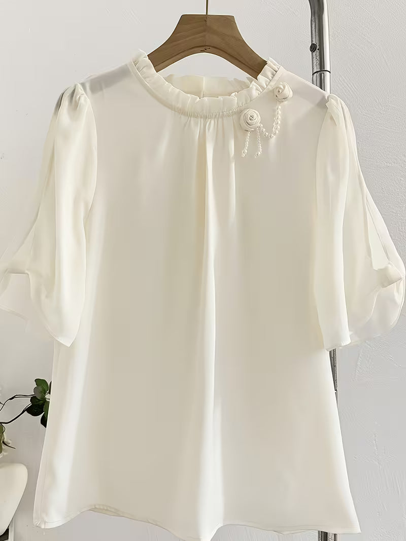 Summer New French Mushroom Stand-Up Collar Short Sleeve Satin Shirt Design Sense 3D Floral Age-Reducing Temperament Chiffon Top