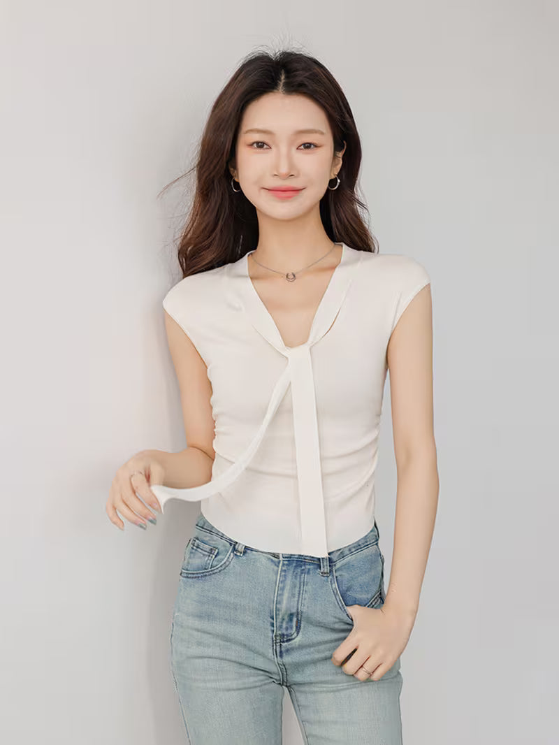 Sleeveless Ribbon Ruffle Cropped V-Neck Top for Women, Elegant Inner Layering Vest Top