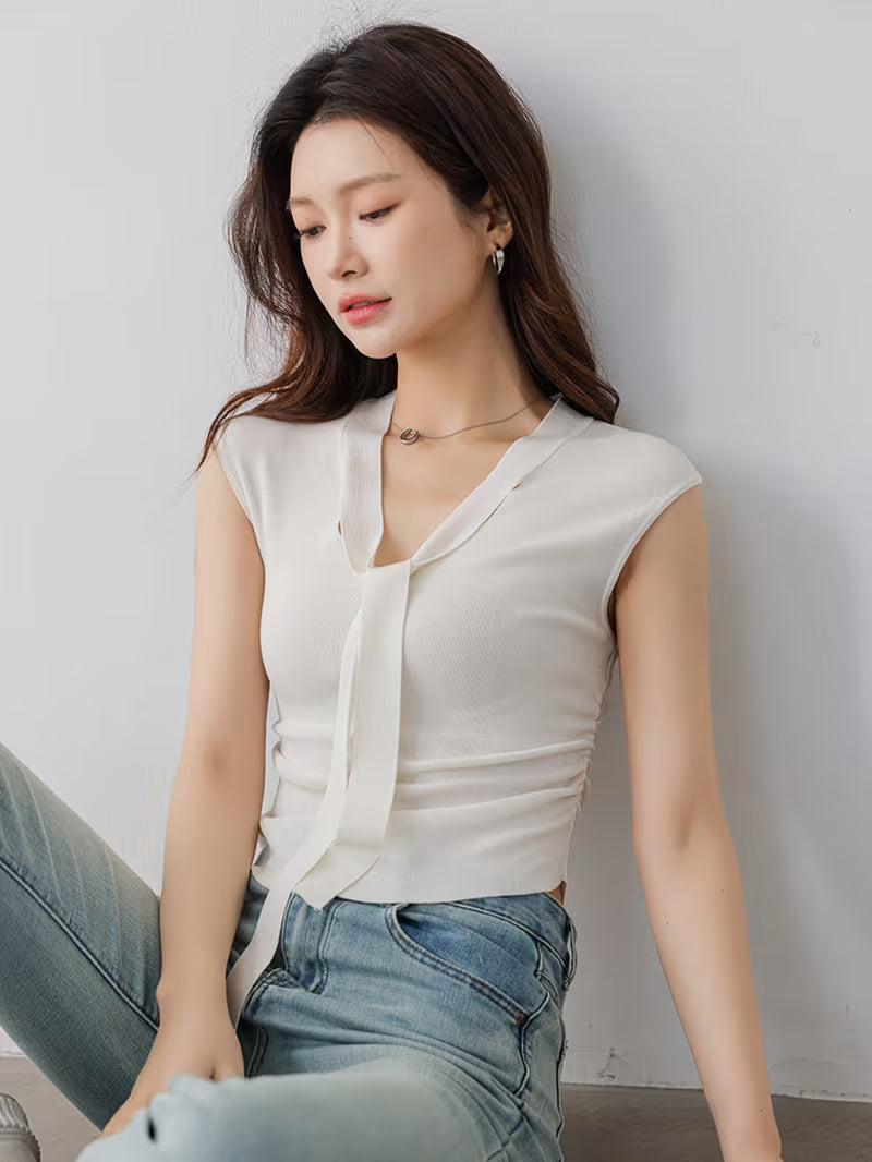 Sleeveless Ribbon Ruffle Cropped V-Neck Top for Women, Elegant Inner Layering Vest Top