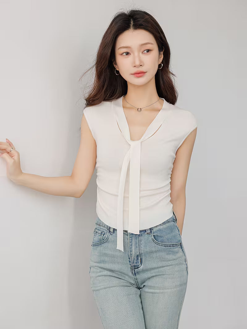 Sleeveless Ribbon Ruffle Cropped V-Neck Top for Women, Elegant Inner Layering Vest Top