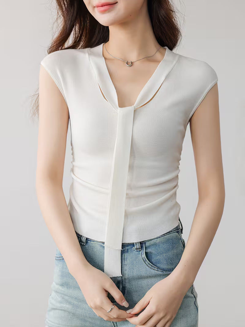 Sleeveless Ribbon Ruffle Cropped V-Neck Top for Women, Elegant Inner Layering Vest Top