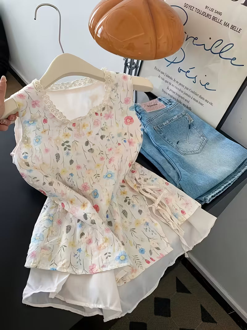 French-Style Floral Print Sleeveless Vest for Women, Summer Lace Trim Waist-Cinching Drawstring Irregular Hem Gentle Cropped Top