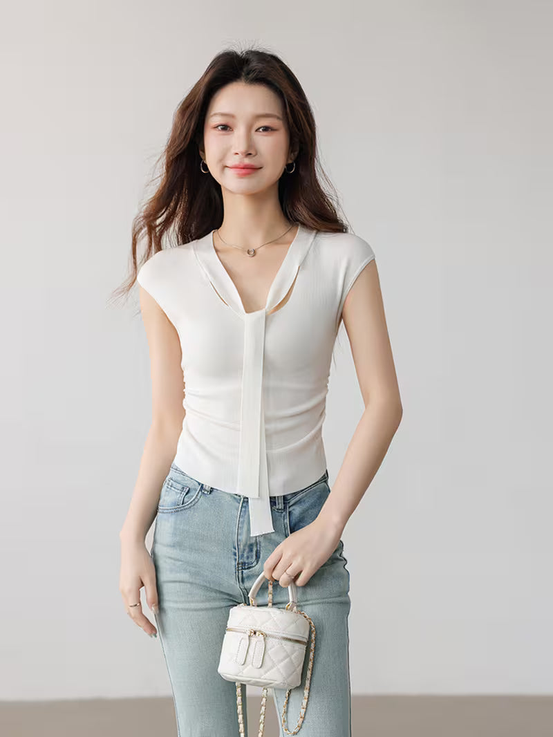Sleeveless Ribbon Ruffle Cropped V-Neck Top for Women, Elegant Inner Layering Vest Top