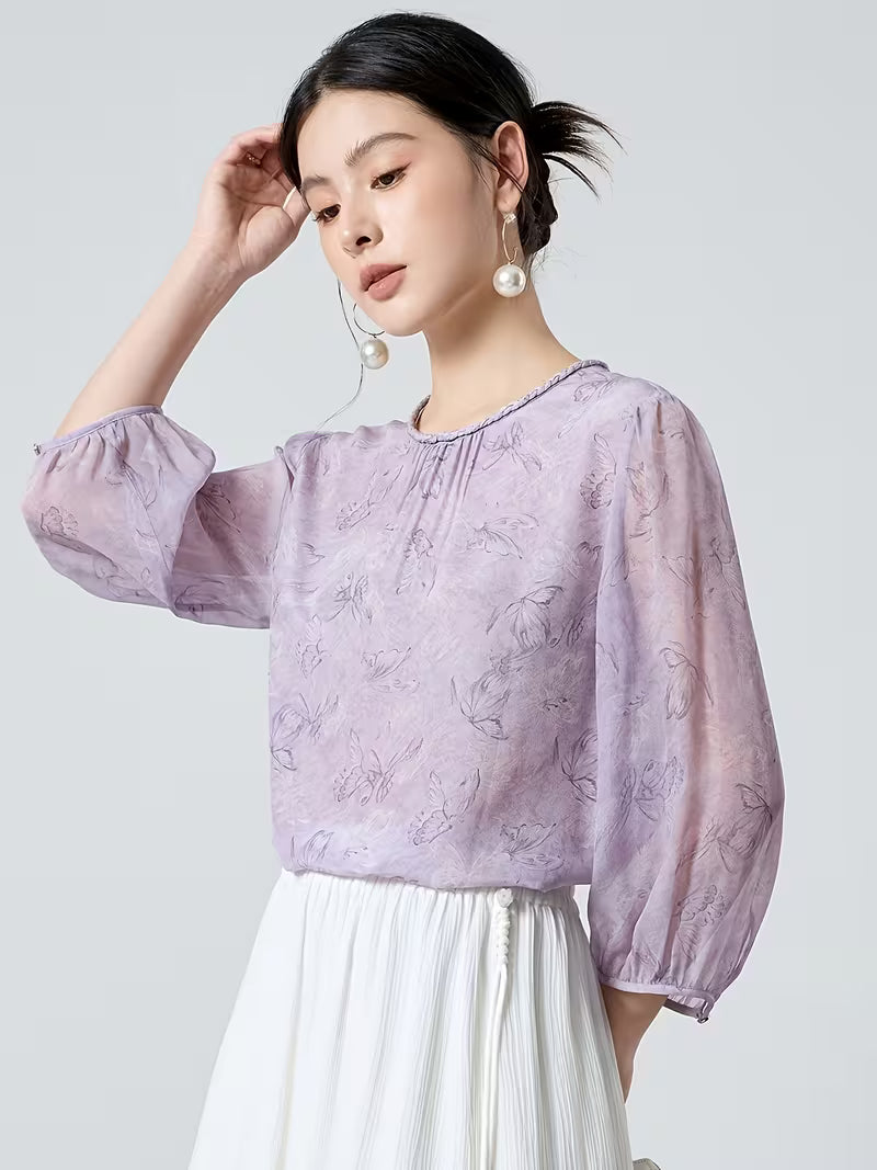 Light Luxury 100% Mulberry Top, New Chinese Style Round Neck Lantern Sleeve Breathable Purple Butterfly Print Women'S Blouse