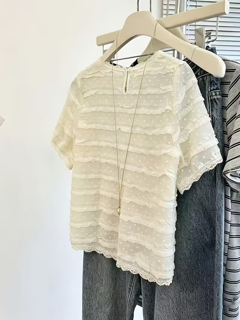 New Summer Style Elegant Lace Trim Short Sleeve Chiffon Blouse for Women, Chic and Pretty Top, Fresh and Popular Item