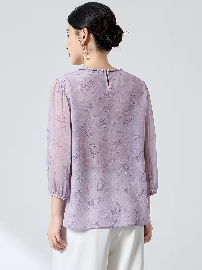 Light Luxury 100% Mulberry Top, New Chinese Style Round Neck Lantern Sleeve Breathable Purple Butterfly Print Women'S Blouse