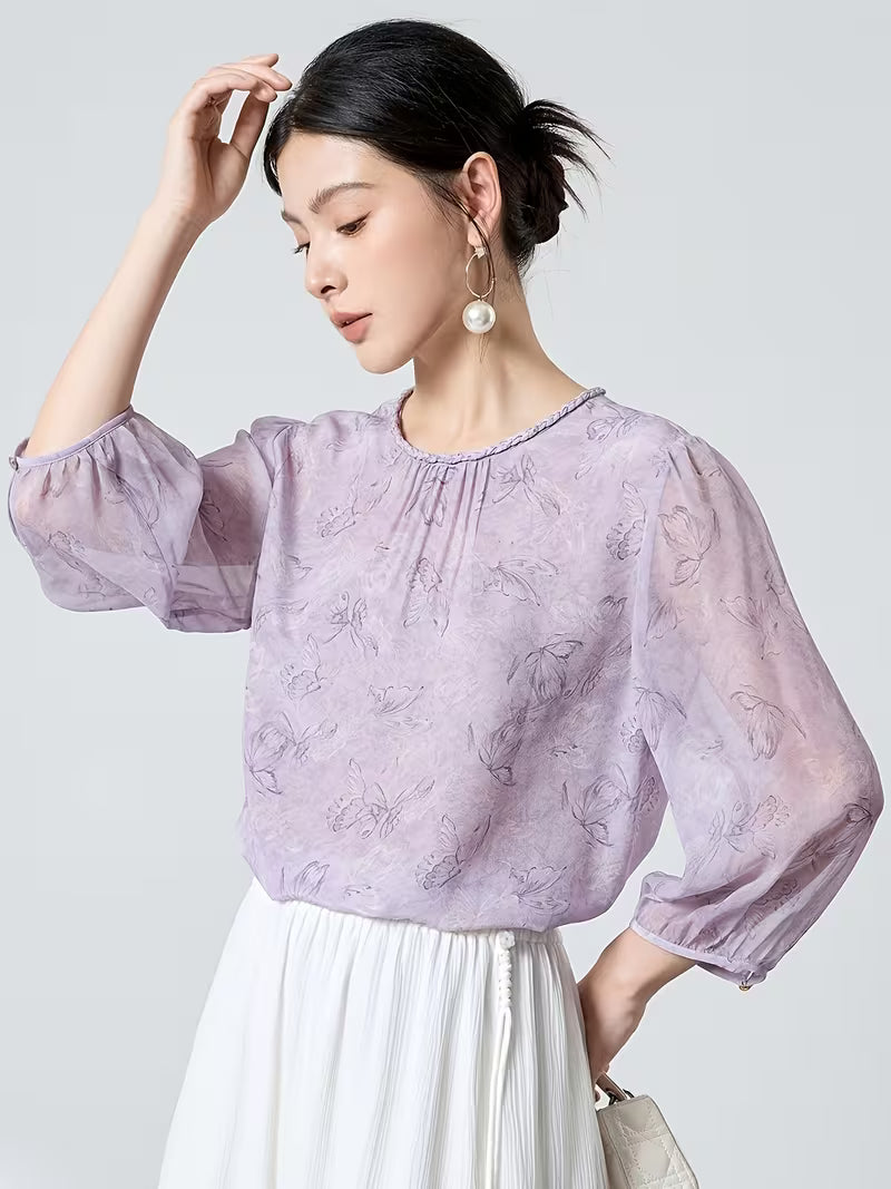 Light Luxury 100% Mulberry Top, New Chinese Style Round Neck Lantern Sleeve Breathable Purple Butterfly Print Women'S Blouse