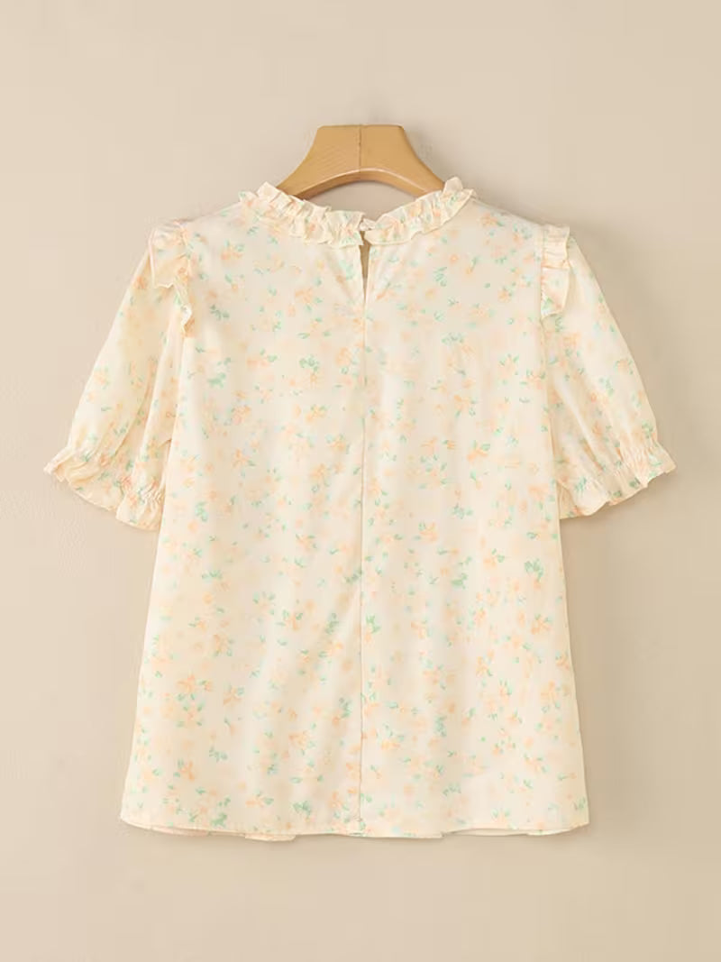 Plus Size - Plus Size - Women'S Girlish Style Ruffle Pleated Blouse Round Neck Puff Short Sleeve Floral Print Summer Tops Lightweight Outdoor Holiday Casual Loose Shirt Plus Size