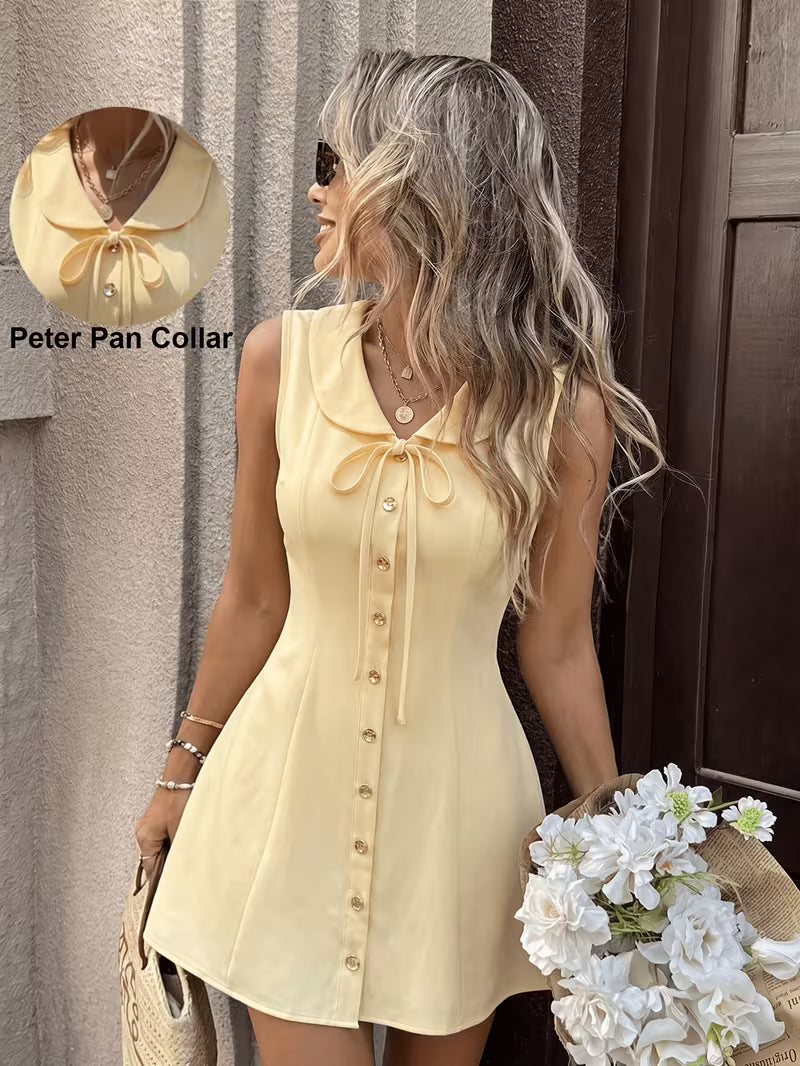 Women's New Summer French-Style Elegant Casual Solid Color Lapel Tie-Front Short Sleeveless Dress