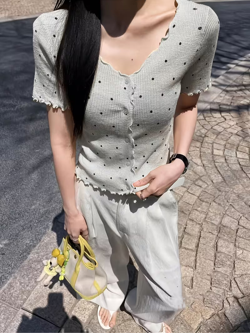 omen'S Korean Style Ruffle V-Neck Polka Dot Short Sleeve Shirt, Spring Summer Cropped Ice Slim Fit Versatile Cardigan Top