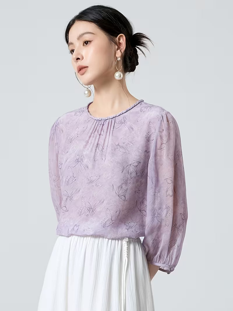 Light Luxury 100% Mulberry Top, New Chinese Style Round Neck Lantern Sleeve Breathable Purple Butterfly Print Women'S Blouse