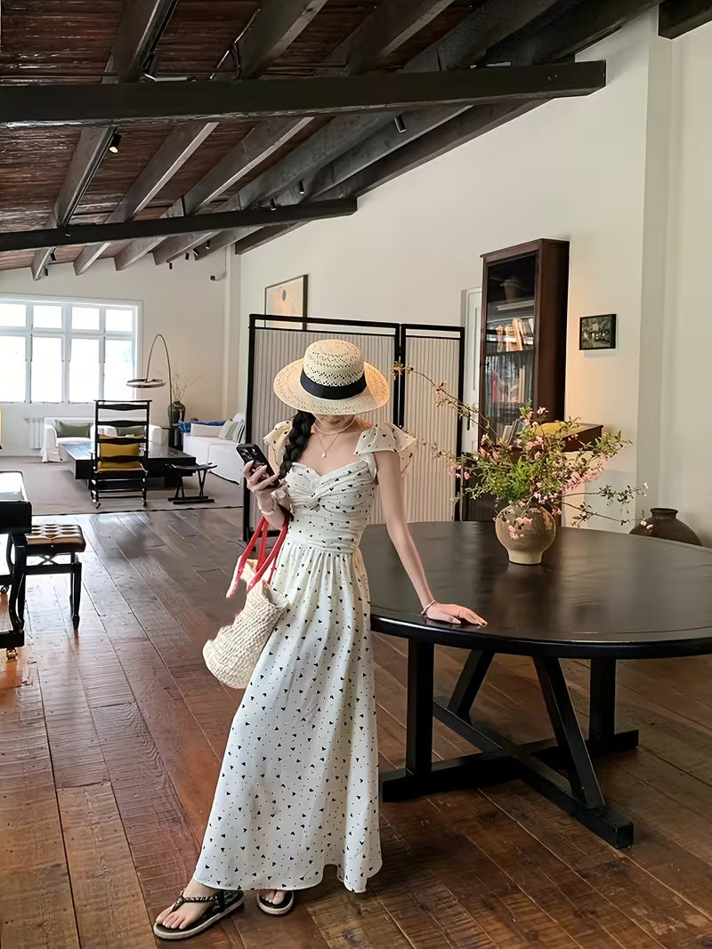 Design Dress Summer New French Temperament Flutter Sleeves Waist-Cinching Mid-Length Floral Dress