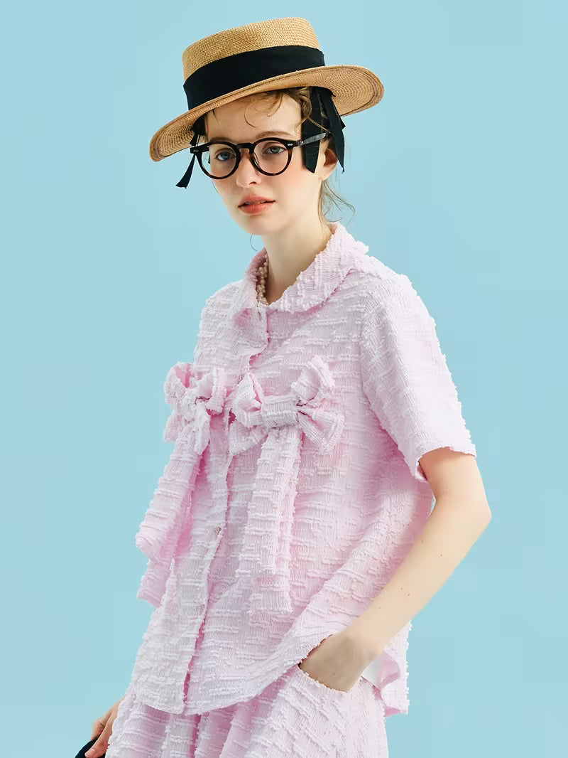 Summer New Niche Original Sweet Bow Cherry Blossom Pink Shirt Casual Literary Women'S Top