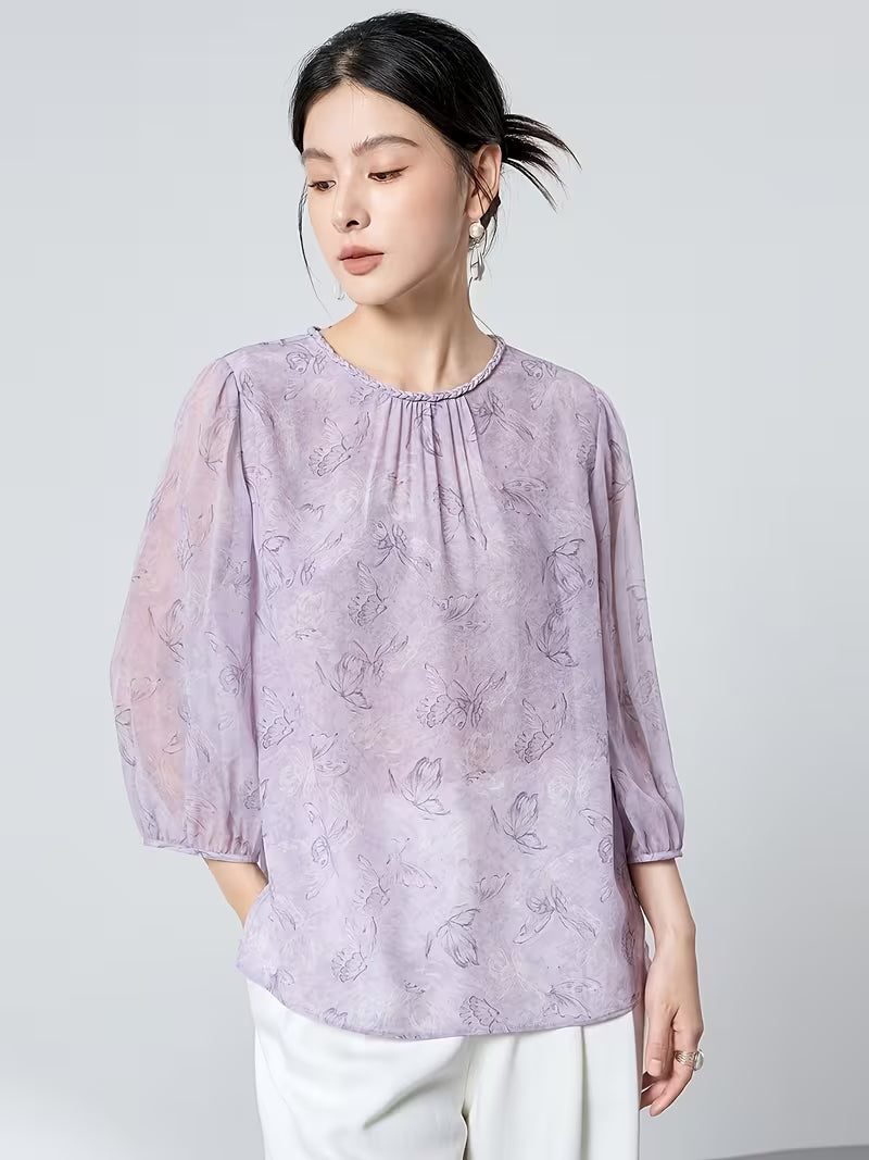 Light Luxury 100% Mulberry Top, New Chinese Style Round Neck Lantern Sleeve Breathable Purple Butterfly Print Women'S Blouse