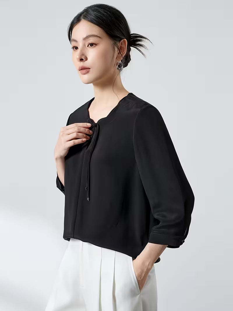 New Chinese-style Petal Collar, Three-quarter Sleeves, Loose Fit, Commuting, Genuine Ladies' Shirt