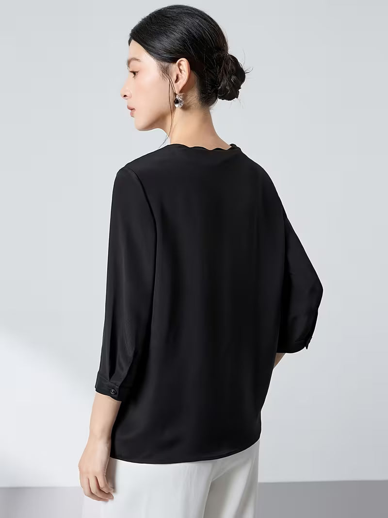 New Chinese-style Petal Collar, Three-quarter Sleeves, Loose Fit, Commuting, Genuine Ladies' Shirt