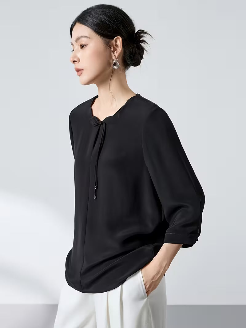 New Chinese-style Petal Collar, Three-quarter Sleeves, Loose Fit, Commuting, Genuine Ladies' Shirt