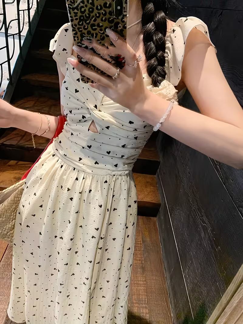 Design Dress Summer New French Temperament Flutter Sleeves Waist-Cinching Mid-Length Floral Dress