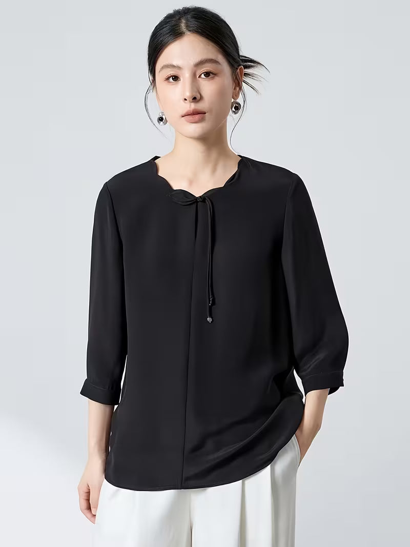 New Chinese-style Petal Collar, Three-quarter Sleeves, Loose Fit, Commuting, Genuine Ladies' Shirt