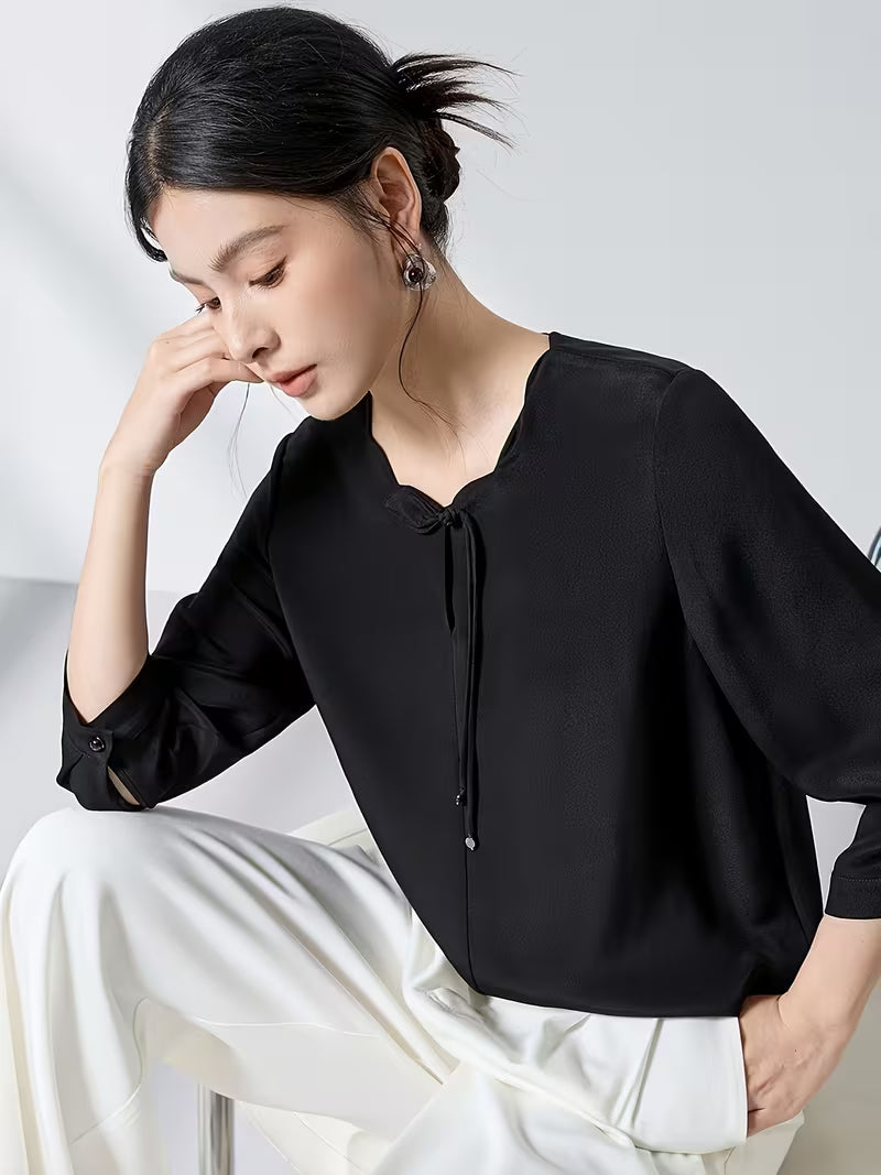 New Chinese-style Petal Collar, Three-quarter Sleeves, Loose Fit, Commuting, Genuine Ladies' Shirt