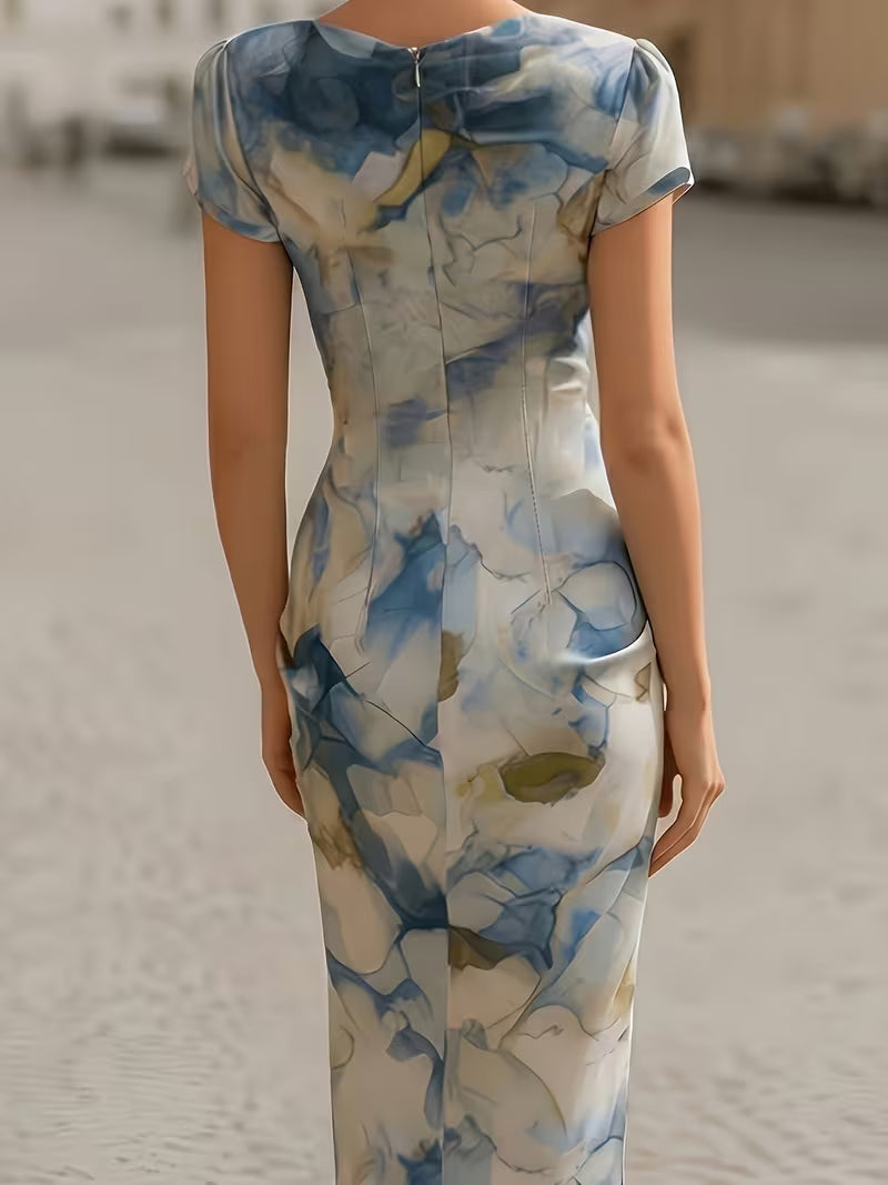 Women'S Elegant Fashion, Pleated High-Neck Printed Midi Dress