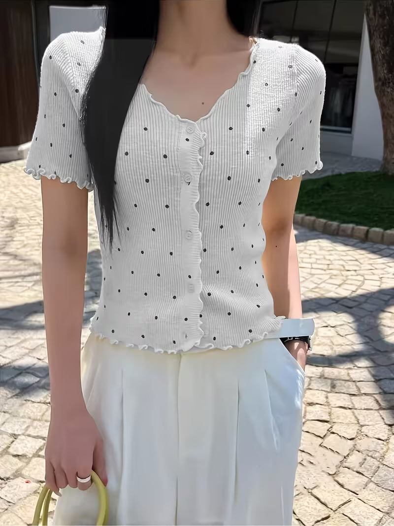 omen'S Korean Style Ruffle V-Neck Polka Dot Short Sleeve Shirt, Spring Summer Cropped Ice Slim Fit Versatile Cardigan Top
