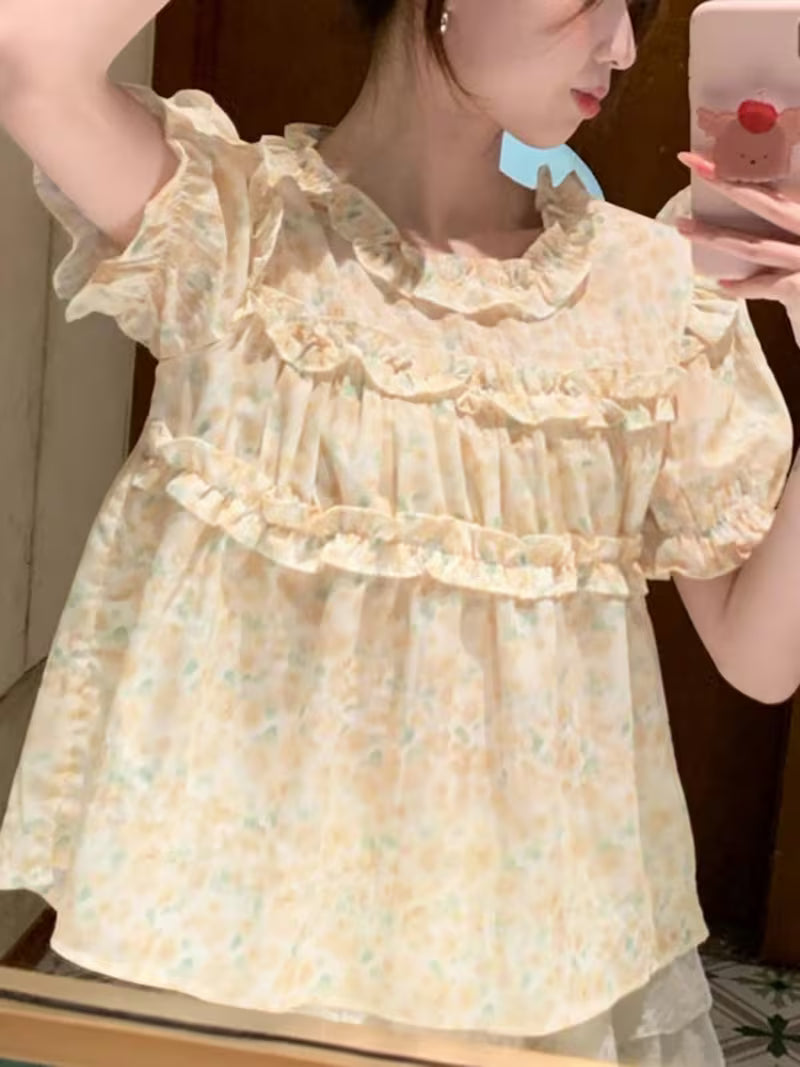 Plus Size - Plus Size - Women'S Girlish Style Ruffle Pleated Blouse Round Neck Puff Short Sleeve Floral Print Summer Tops Lightweight Outdoor Holiday Casual Loose Shirt Plus Size