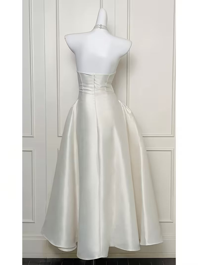 Elegant and Formal Engagement Dress, Women's Halter V-neck Sleeveless Cinched-waist Long Dress