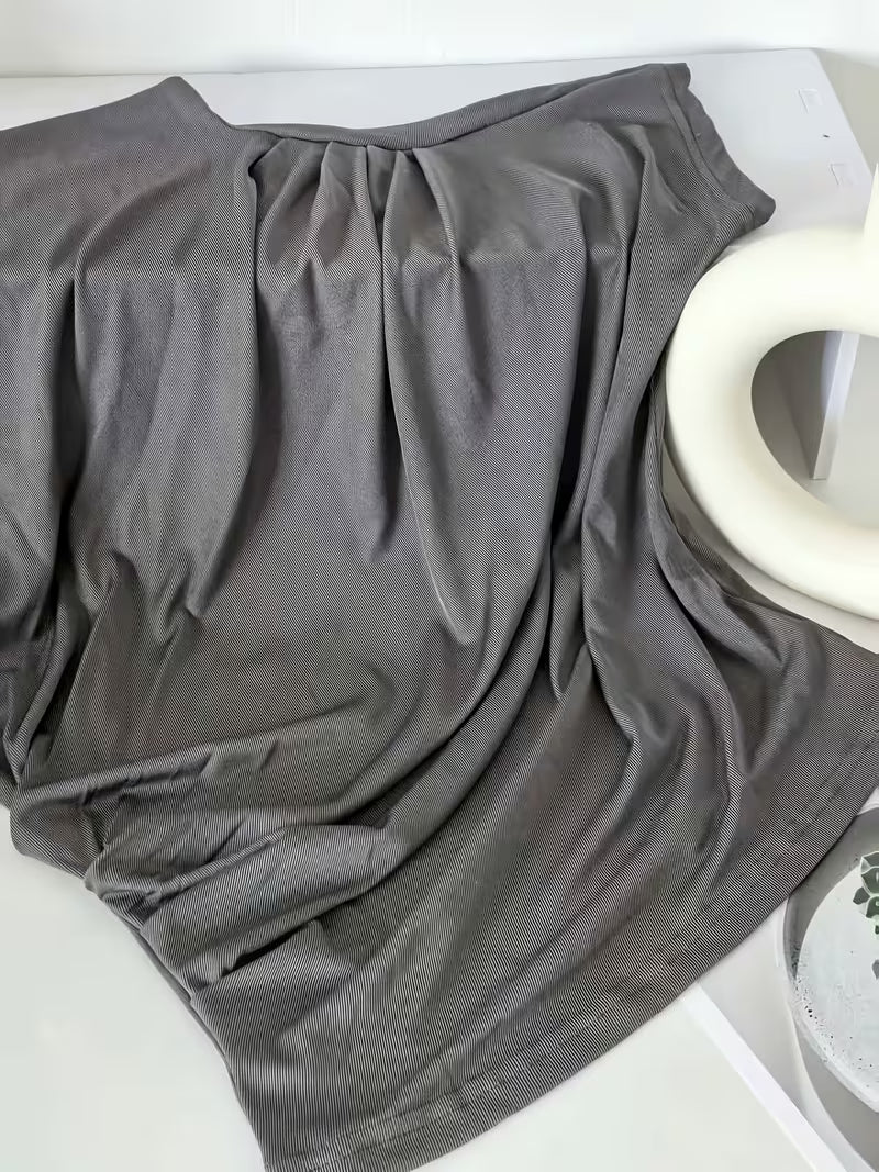 Women's French-Style Asymmetrical Pleated Semi-High Neck T-Shirt, Elegant and, New Summer Style, Chic Short-Sleeve Top