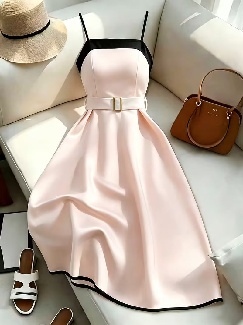 Women'S Spring Summer Black And White Contrast Midi Dress, Spaghetti Strap Dress, Women'S Contrast Dress