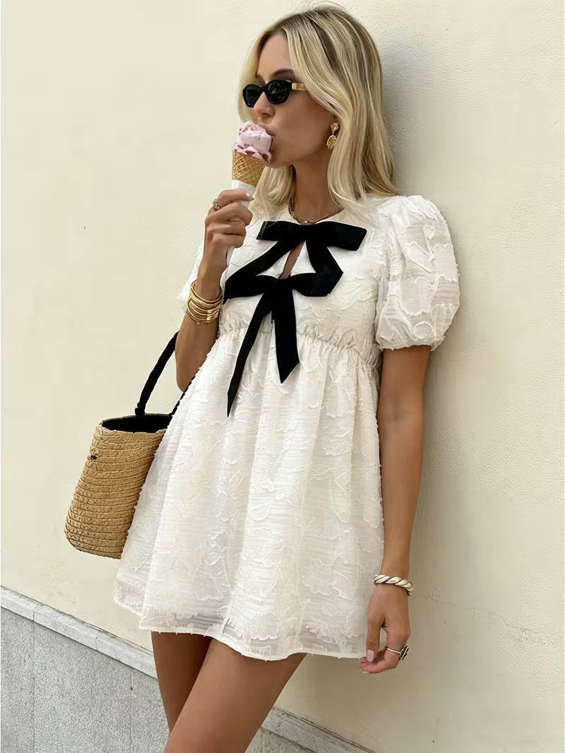 Double Bow Jacquard Puff Sleeve Dress with Waist Cinching Effect, A-Line Short Skirt, Sweet and Elegant Babydoll Dress