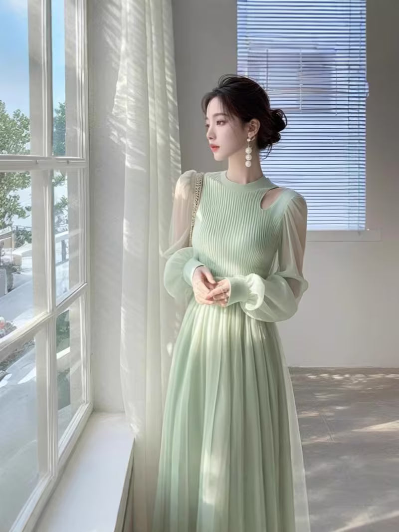 French Light Luxury Elegant -Line Dress - -Neck Semi-Sheer Mesh Long Dress with Green Panel