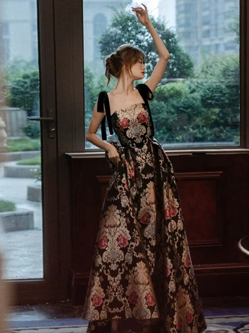 Women's Black Brocade -Neck Maxi Dress with Lace Trim - Strap Square Neck
