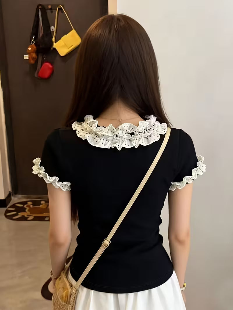 Polka Dot Lace Rich Academy Style Frilly Edge Short-Sleeved T-Shirt Women'S INS Slim Cardigan Top