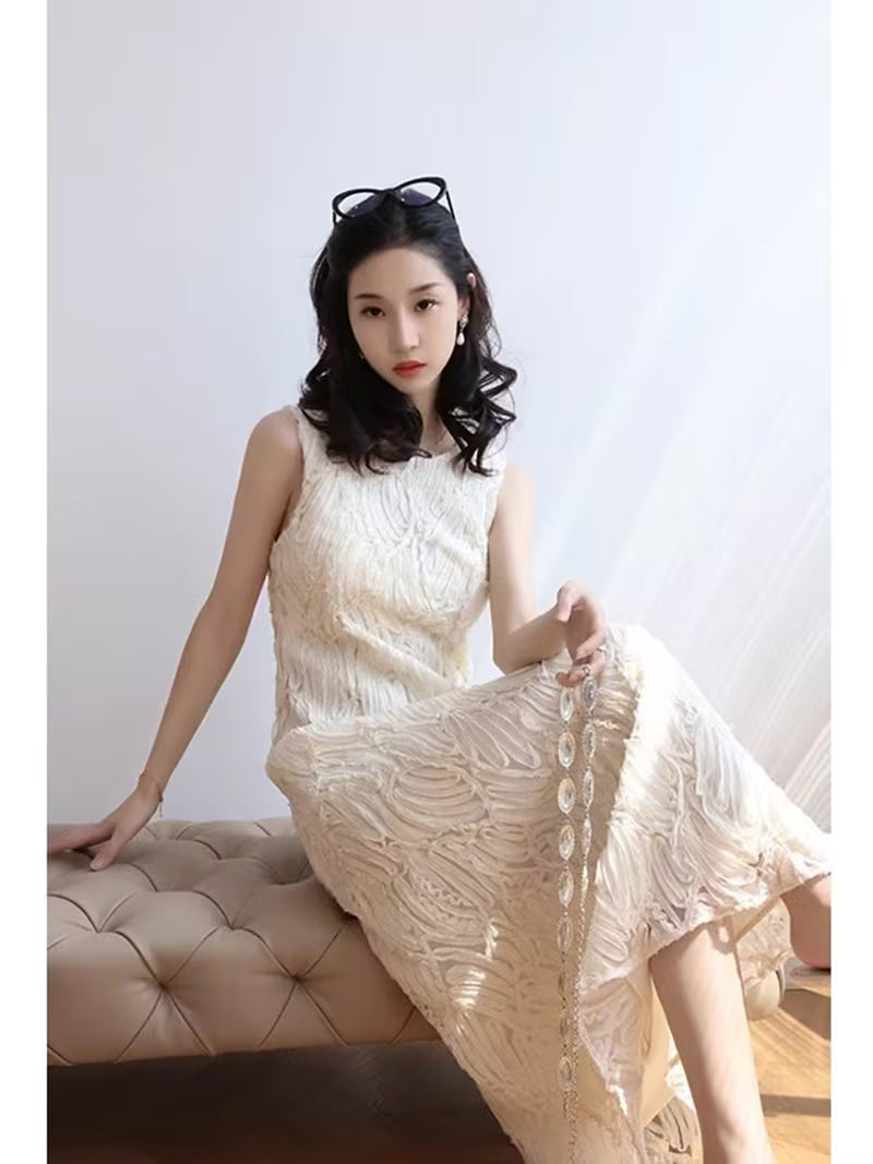 Women'S Elegant Lace Maxi Dress, Sleeveless Tea Dress with Qipao-Inspired Details for Formal Events And Evening Wear