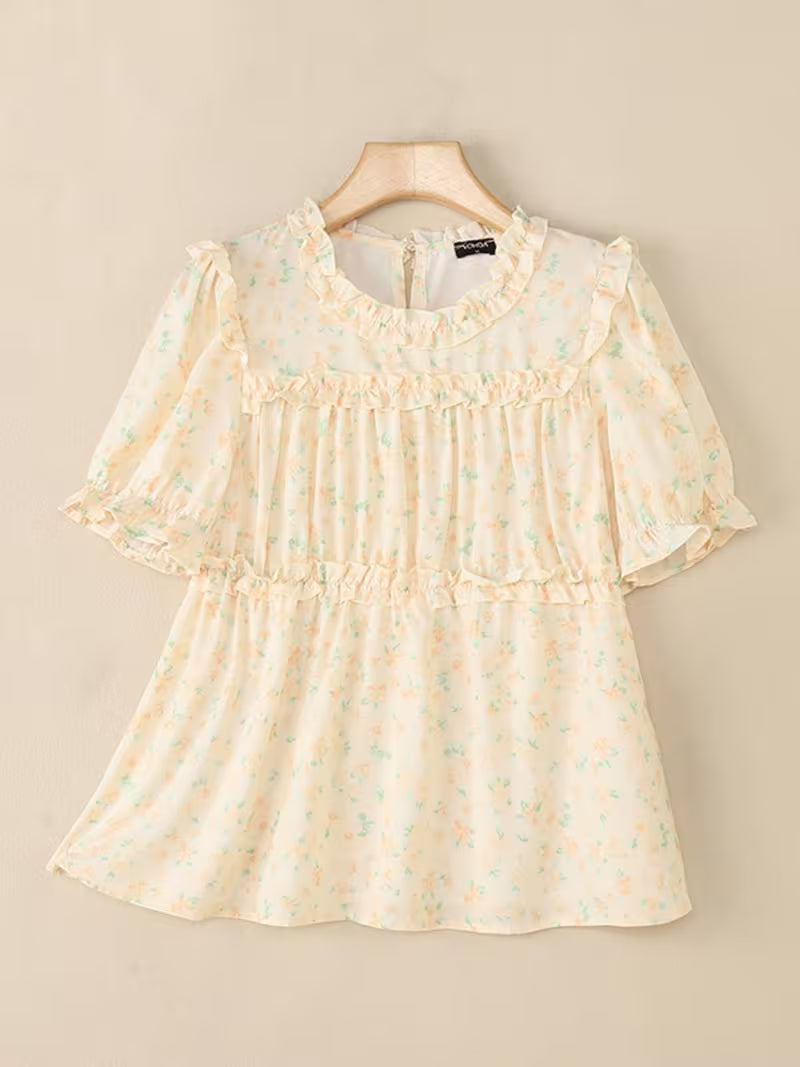 Plus Size - Plus Size - Women'S Girlish Style Ruffle Pleated Blouse Round Neck Puff Short Sleeve Floral Print Summer Tops Lightweight Outdoor Holiday Casual Loose Shirt Plus Size